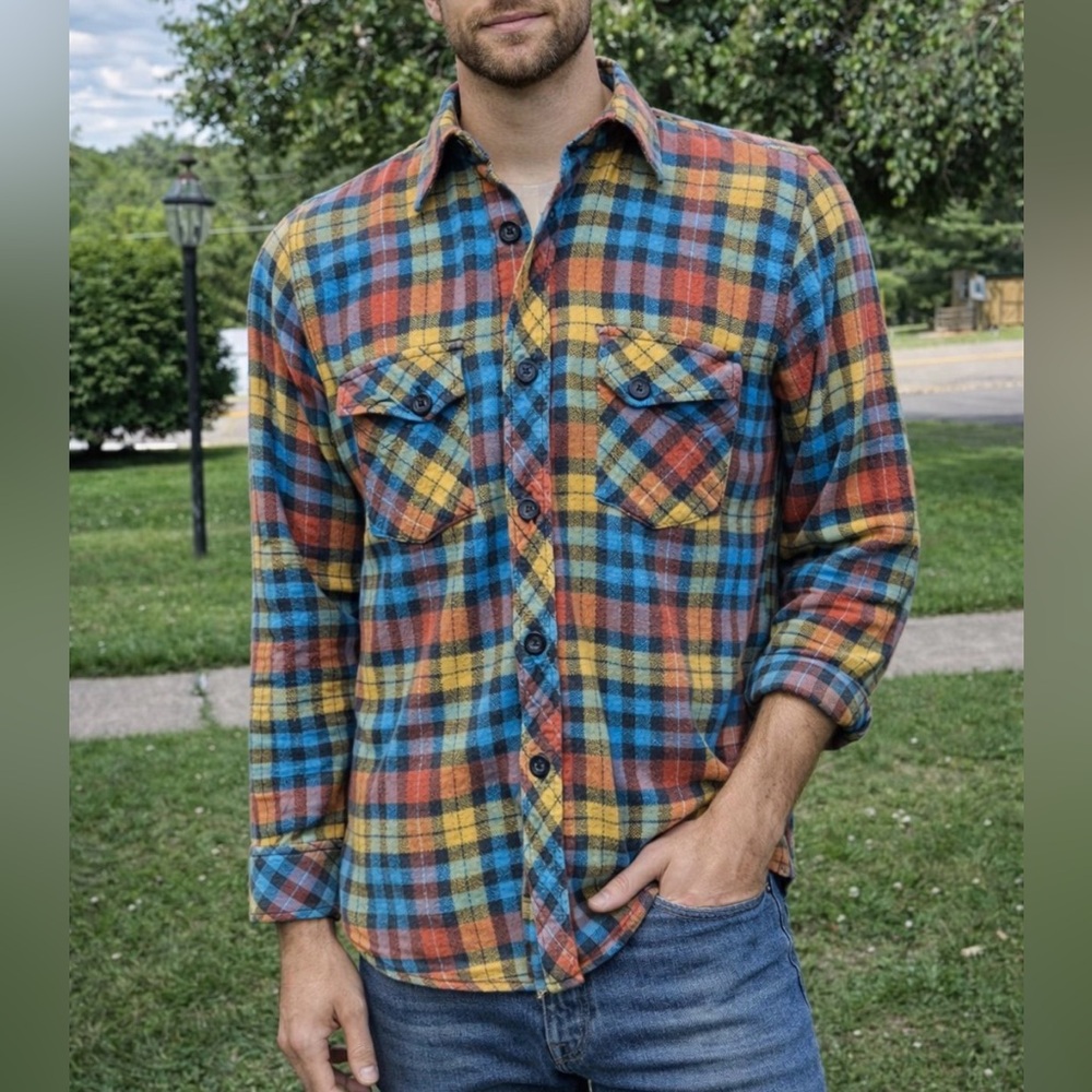 Vintage '90s OP Flannel Button Down Blue/Orange/Gold L/S Men's Size Med (38-40)